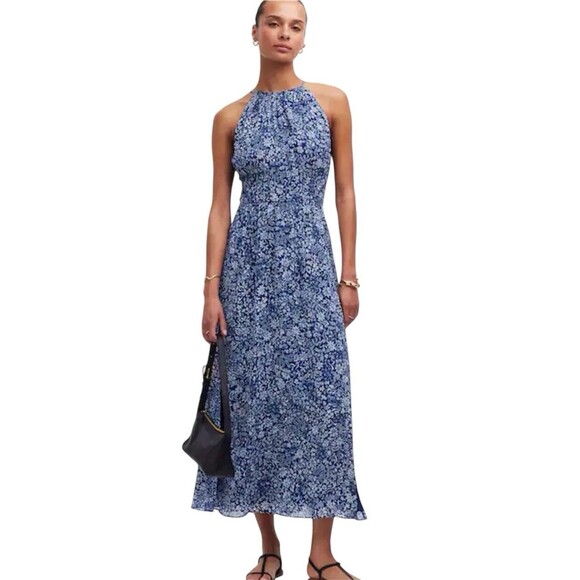 Madewell Smocked Halter Midi Dress Blue Floral Sz 6 NWT Romantic Feminine - Picture 1 of 10